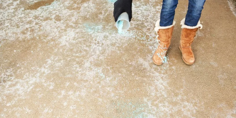 woman pouring road salt on drive way