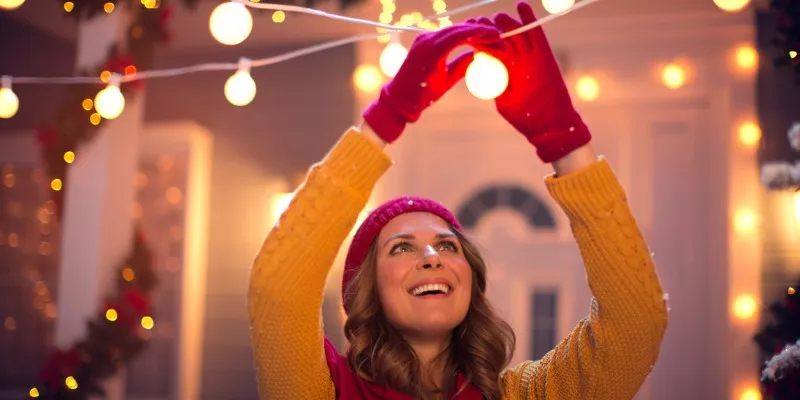 woman putting up string lights outside in winter